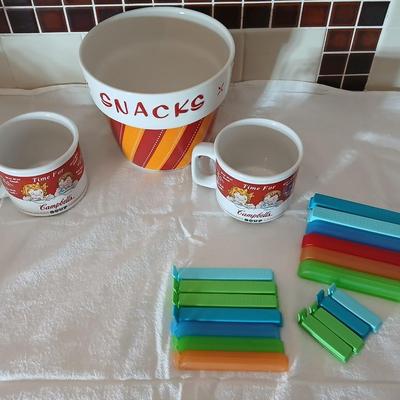Neat Snack bowl with storage bag clips, and Campbells soup mugs