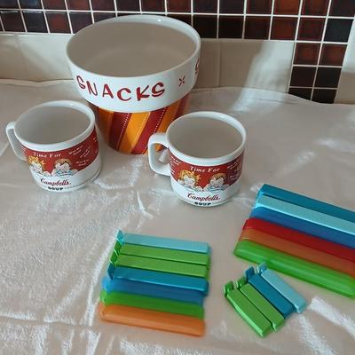 Neat Snack bowl with storage bag clips, and Campbells soup mugs