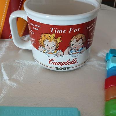 Neat Snack bowl with storage bag clips, and Campbells soup mugs