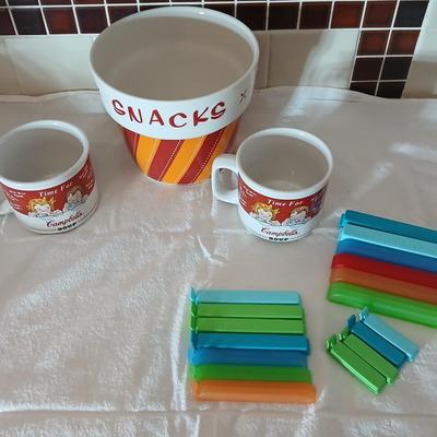 Neat Snack bowl with storage bag clips, and Campbells soup mugs