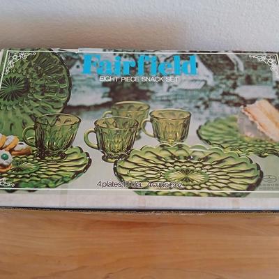 Vintage Fairfield green glass snack set new in box!