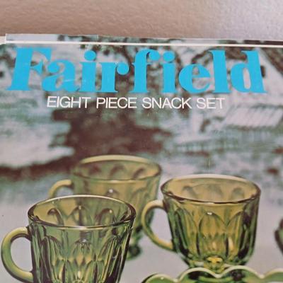 Vintage Fairfield green glass snack set new in box!