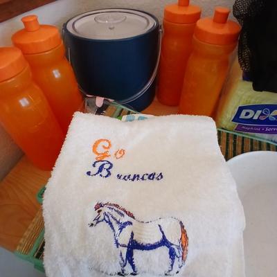 Bronco's Tailgate time!! Ice bucket, water bottles, all Bronco colors! paper plates and bowls and napkins too!