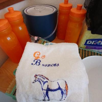 Bronco's Tailgate time!! Ice bucket, water bottles, all Bronco colors! paper plates and bowls and napkins too!