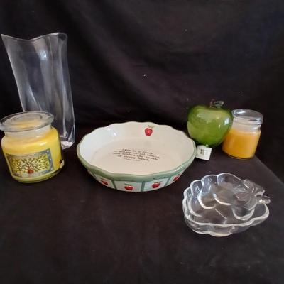 Apple pie dish, glass grape dish, apple nightlight, candles and a vase