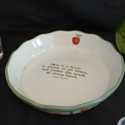 Apple pie dish, glass grape dish, apple nightlight, candles and a vase