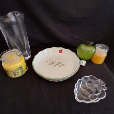 Apple pie dish, glass grape dish, apple nightlight, candles and a vase