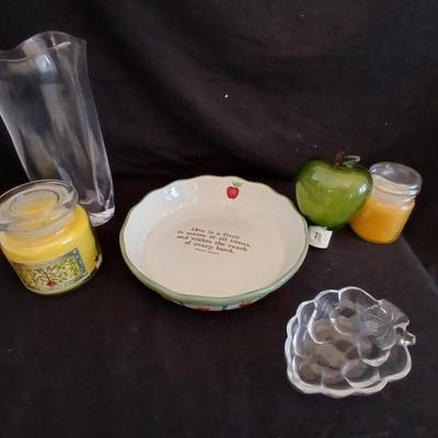 Apple pie dish, glass grape dish, apple nightlight, candles and a vase