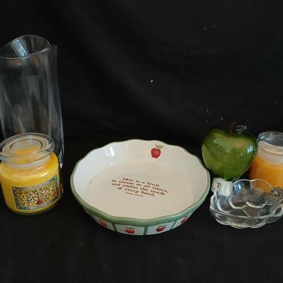 Apple pie dish, glass grape dish, apple nightlight, candles and a vase