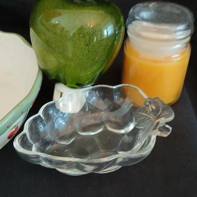 Apple pie dish, glass grape dish, apple nightlight, candles and a vase