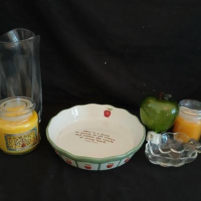 Apple pie dish, glass grape dish, apple nightlight, candles and a vase