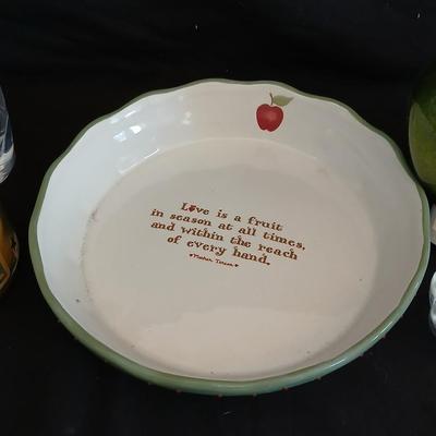 Apple pie dish, glass grape dish, apple nightlight, candles and a vase