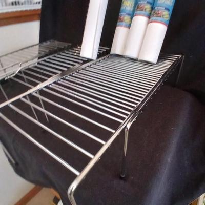 White metal portable cabinet shelves and contact paper shelf liner