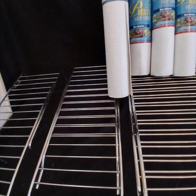 White metal portable cabinet shelves and contact paper shelf liner