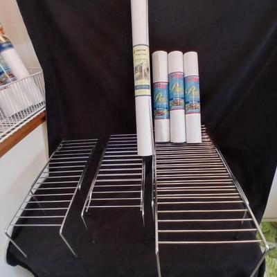 White metal portable cabinet shelves and contact paper shelf liner
