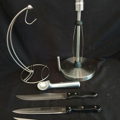 Stainless steel banana tree, paper towel rack and a few kitchen utensils
