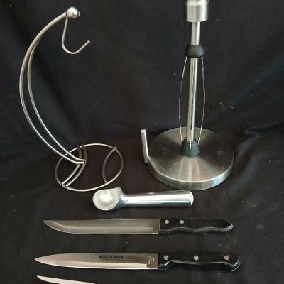Stainless steel banana tree, paper towel rack and a few kitchen utensils