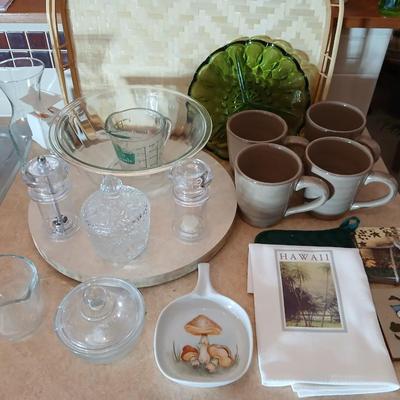 Kitchen items of all kinds, glassware, mugs, trays, towel, spoon rest and more