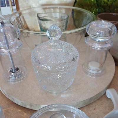 Kitchen items of all kinds, glassware, mugs, trays, towel, spoon rest and more