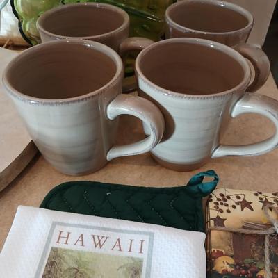 Kitchen items of all kinds, glassware, mugs, trays, towel, spoon rest and more