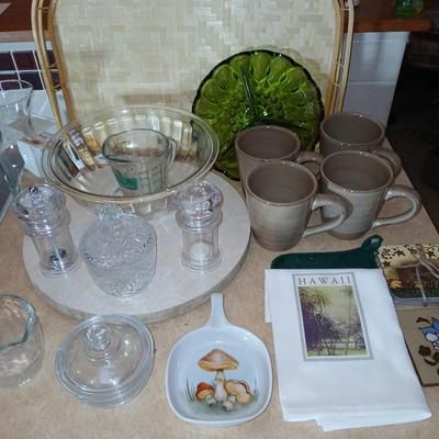 Kitchen items of all kinds, glassware, mugs, trays, towel, spoon rest and more