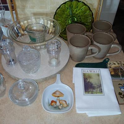 Kitchen items of all kinds, glassware, mugs, trays, towel, spoon rest and more