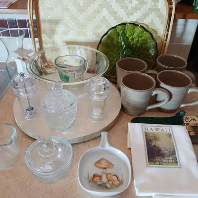 Kitchen items of all kinds, glassware, mugs, trays, towel, spoon rest and more