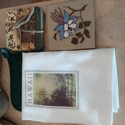 Kitchen items of all kinds, glassware, mugs, trays, towel, spoon rest and more
