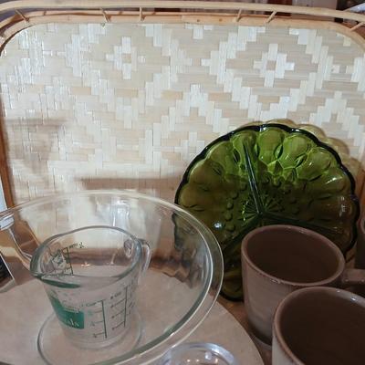 Kitchen items of all kinds, glassware, mugs, trays, towel, spoon rest and more