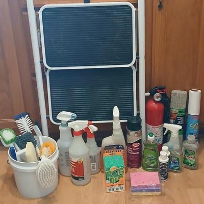 Step ladder, cleaning supplies and a fire extinguisher