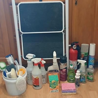 Step ladder, cleaning supplies and a fire extinguisher
