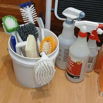 Step ladder, cleaning supplies and a fire extinguisher