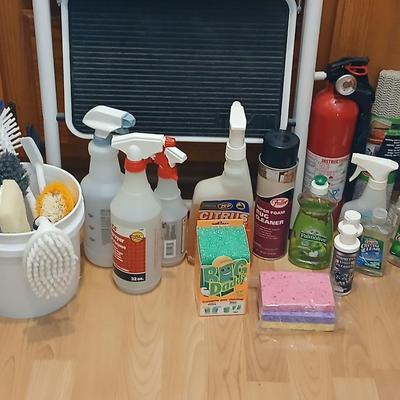 Step ladder, cleaning supplies and a fire extinguisher