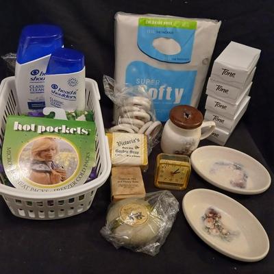TONE Bar bath soap, Hot pockets heat wrap, Shower curtain, and soap dishes