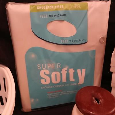 TONE Bar bath soap, Hot pockets heat wrap, Shower curtain, and soap dishes