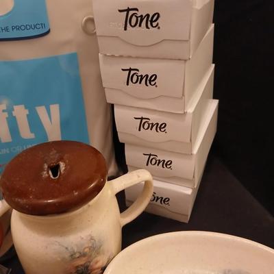 TONE Bar bath soap, Hot pockets heat wrap, Shower curtain, and soap dishes