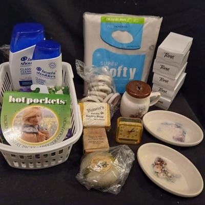 TONE Bar bath soap, Hot pockets heat wrap, Shower curtain, and soap dishes