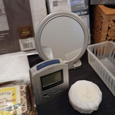 Shower curtain hand mirror, Kleenex wooden laser art Kleenex box and more