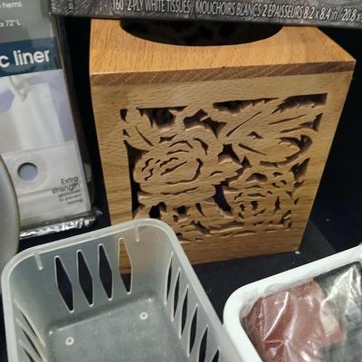 Shower curtain hand mirror, Kleenex wooden laser art Kleenex box and more