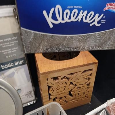 Shower curtain hand mirror, Kleenex wooden laser art Kleenex box and more