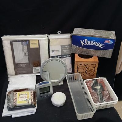 Shower curtain hand mirror, Kleenex wooden laser art Kleenex box and more