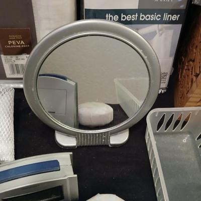 Shower curtain hand mirror, Kleenex wooden laser art Kleenex box and more