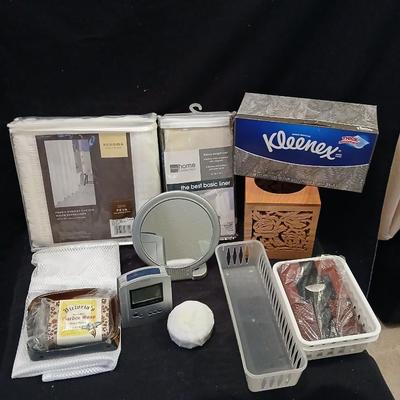 Shower curtain hand mirror, Kleenex wooden laser art Kleenex box and more