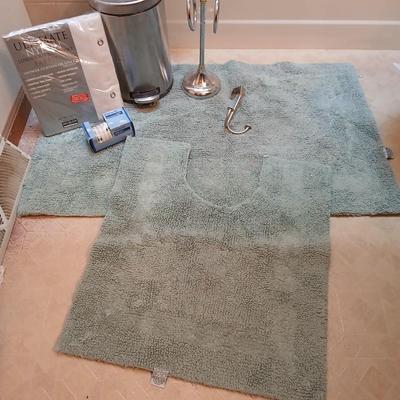 Bath rugs small trash can and towel rack with brand new shower curtain liner