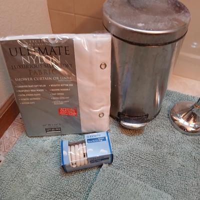 Bath rugs small trash can and towel rack with brand new shower curtain liner