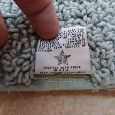 Bath rugs small trash can and towel rack with brand new shower curtain liner