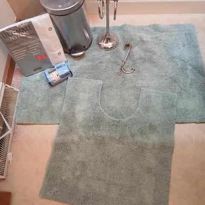 Bath rugs small trash can and towel rack with brand new shower curtain liner