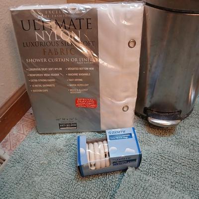 Bath rugs small trash can and towel rack with brand new shower curtain liner