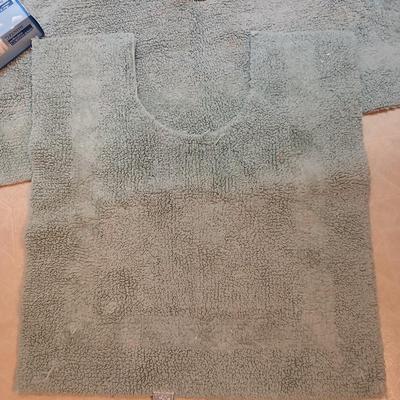 Bath rugs small trash can and towel rack with brand new shower curtain liner