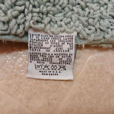 Bath rugs small trash can and towel rack with brand new shower curtain liner